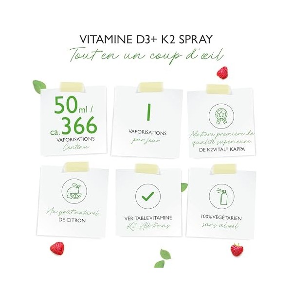 Vitamine D3 + K2 instantanée - Spray 50 ml - Goût citron - 99,7+% All-Trans Original K2VITAL® de Kappa - Testé en laboratoi