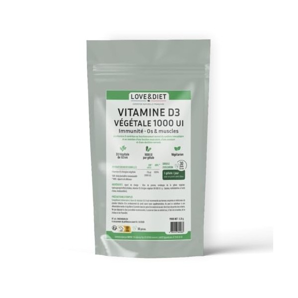 Vitamine D3 Végétale 1000 UI - Complément Alimentaire Immunité & Santé Osseuse - 30 Gélules Végétariennes - Made in France - 