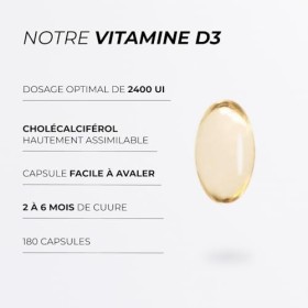 Vitamine D3 - CUURE - 180 Gélules - 2400 UI - Complément Alimentaire - Immunité, Os, Articulations - Vitamine D Forme Choléca