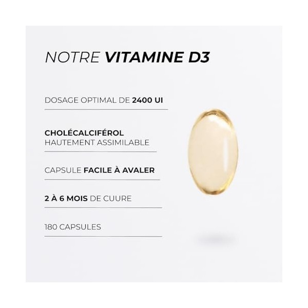 Vitamine D3 - CUURE - 180 Gélules - 2400 UI - Complément Alimentaire - Immunité, Os, Articulations - Vitamine D Forme Choléca