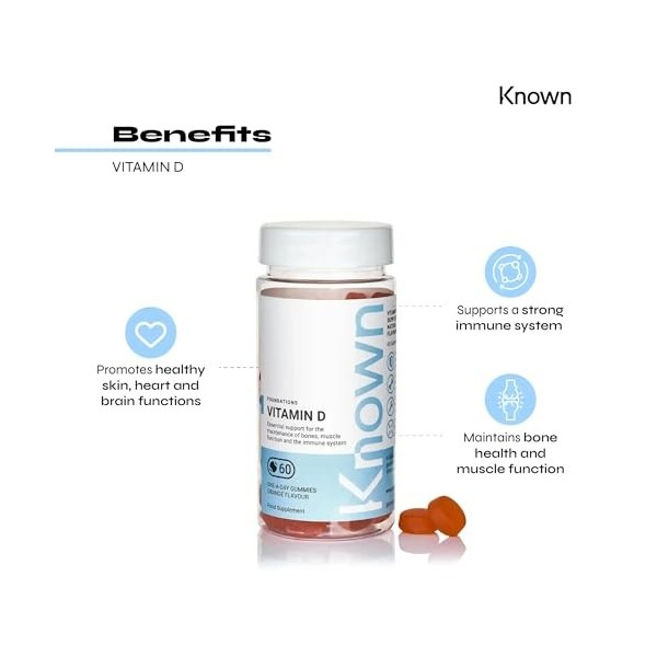 Gummies Délicieux Vitamine D Known – 25μg Vitamine D3 pour lImmunité & la Santé Osseuse – Saveur Orange – 60 Gummies, 2 Mois