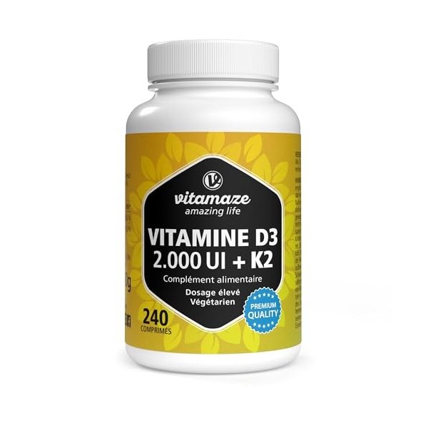 Vitamaze® Vitamine D3 K2 All-Trans MK-7 hautement dosée, 2000 UI de vitamine D3 + 100 mcg de vitamine K2, 240 comprimés de vi