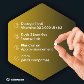 Vitamaze® Vitamine D3 K2 All-Trans MK-7 hautement dosée, 2000 UI de vitamine D3 + 100 mcg de vitamine K2, 240 comprimés de vi