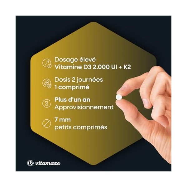 Vitamaze® Vitamine D3 K2 All-Trans MK-7 hautement dosée, 2000 UI de vitamine D3 + 100 mcg de vitamine K2, 240 comprimés de vi