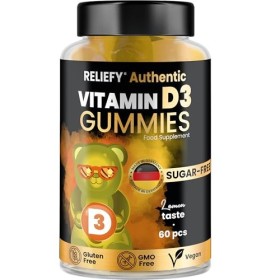 Reliefy Lot de 60 bonbons gélifiés pour adultes – 400 UI – Sans sucre, végétalien et sans gluten – Supplément de vitamine D à