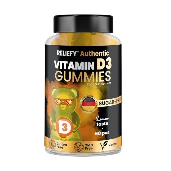 Reliefy Lot de 60 bonbons gélifiés pour adultes – 400 UI – Sans sucre, végétalien et sans gluten – Supplément de vitamine D à