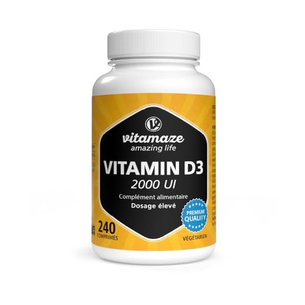 Vitamaze® Vitamine D3 2000 IE hautement dosée & végétarienne, 240 comprimés pour plus dun an, 50 mcg de cholécalciférol pur,