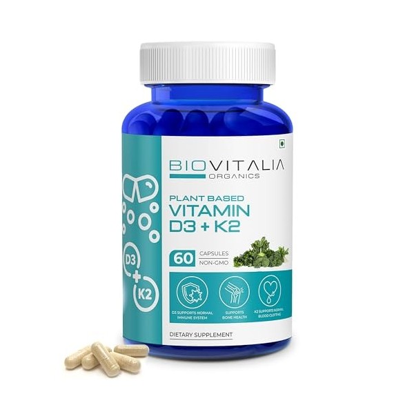 Biovitalia Vitamine D3 + K2 à base de plantes 60 gélules | Complément alimentaire | Soutient le système immunitaire | Favoris