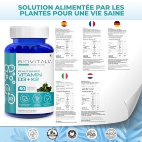 Biovitalia Vitamine D3 + K2 à base de plantes 60 gélules | Complément alimentaire | Soutient le système immunitaire | Favoris
