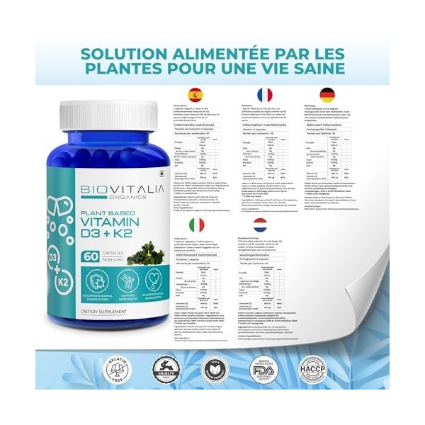Biovitalia Vitamine D3 + K2 à base de plantes 60 gélules | Complément alimentaire | Soutient le système immunitaire | Favoris