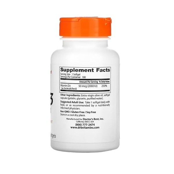 Doctors Best - Vitamine D3 | Renforcement du Système Immunitaire et la Santé Osseuse - 180 gélules molles