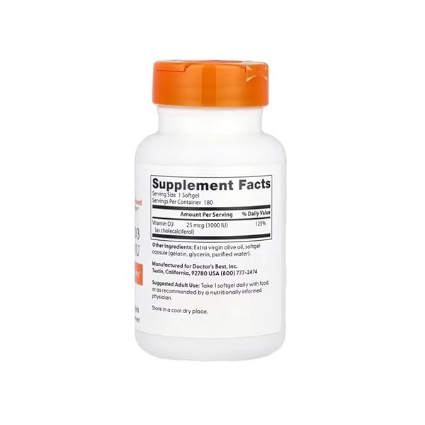 Doctors Best - Vitamine D3, 1000 UI | Soutien à la santé des os et du système immunitaire - 180 capsules molles