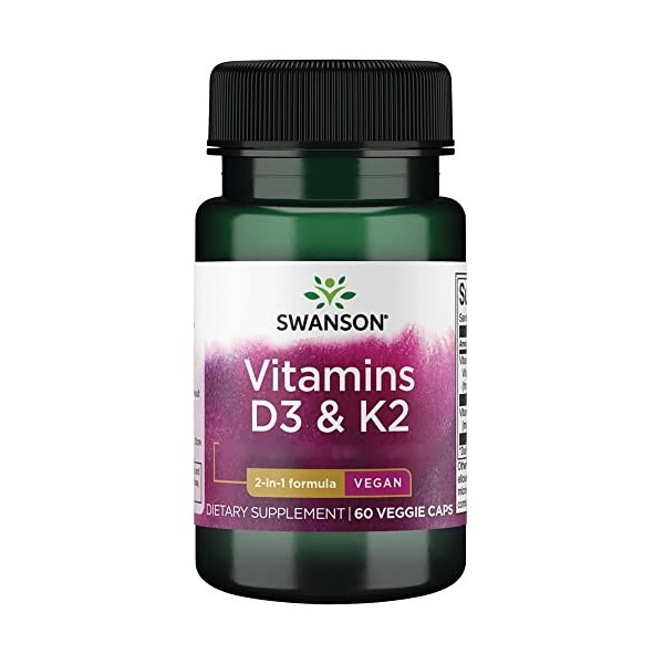 Swanson, Vitamines D3 & K2, Dépôt, 1 Capsule tous les 2 Jours, 60 Capsules végétaliennes, Haute Dosé, Sans Soja, Végétarien, 
