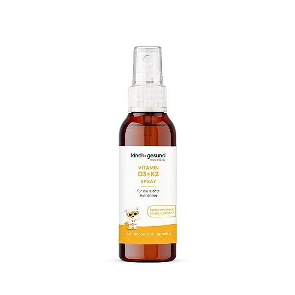 Spray de vitamine D3 + K2 sain pour les enfants I Vegan I 182 sprays jusquà 6 mois I 560 UI de vitamine D3 et 23 µg de vitam