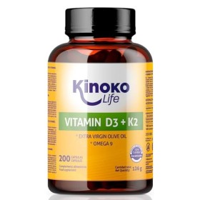 Kinoko Life Vitamine D3 K2 | 200 Capsules Liquides avec Oméga 9 et Huile Extravergine Dolive, Vitamine D3 2000 ui et Vitamin