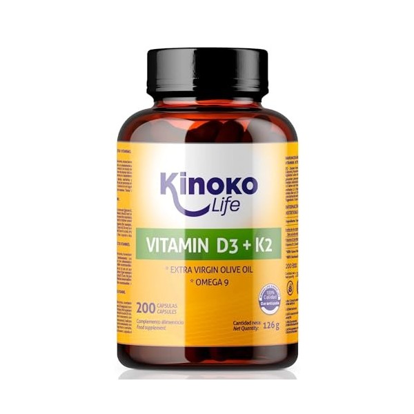 Kinoko Life Vitamine D3 K2 | 200 Capsules Liquides avec Oméga 9 et Huile Extravergine Dolive, Vitamine D3 2000 ui et Vitamin