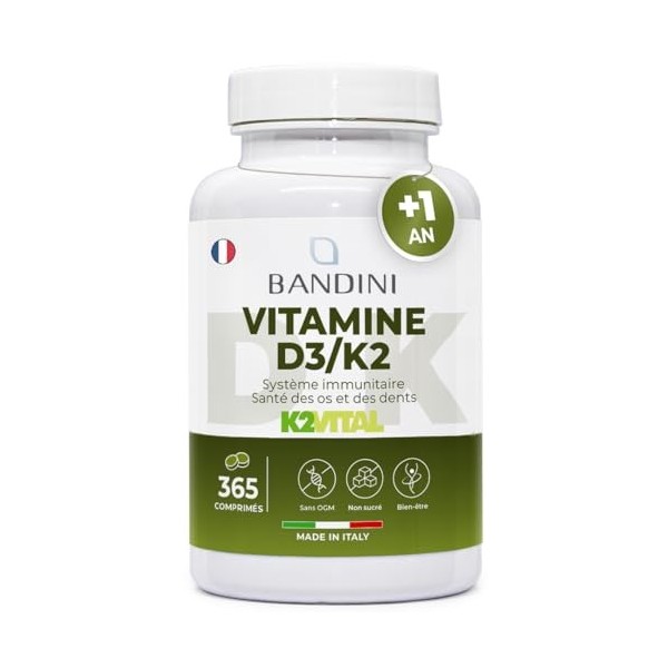 Bandini® Vitamine D3 K2 365 Comprimés 30 000 UI par mois, Vitamines D +1 an , Qualité Premium, 200 mcg K2VITAL®, 99,7+% All-