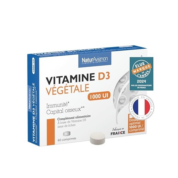 Vitamine D3 100% Végétale 1000 UI | 500% des apports journaliers | Immunité, Os & Dents | Lichen | Laboratoire NaturAvignon |