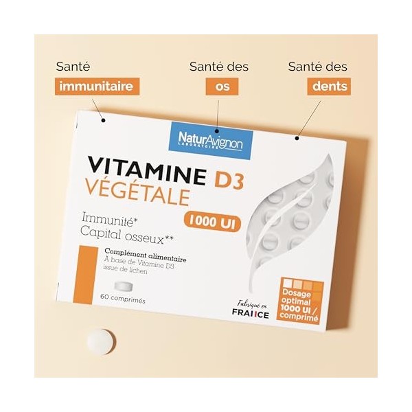 Vitamine D3 100% Végétale 1000 UI | 500% des apports journaliers | Immunité, Os & Dents | Lichen | Laboratoire NaturAvignon |