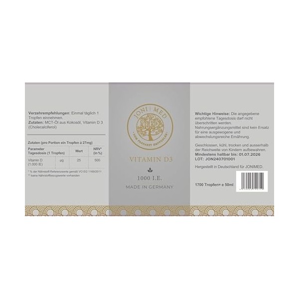 JONIMED Vitamine D3-1000 UI par goutte, hautement dosée dans lhuile de coco MCT pour une biodisponibilité élevée - 1700 gout