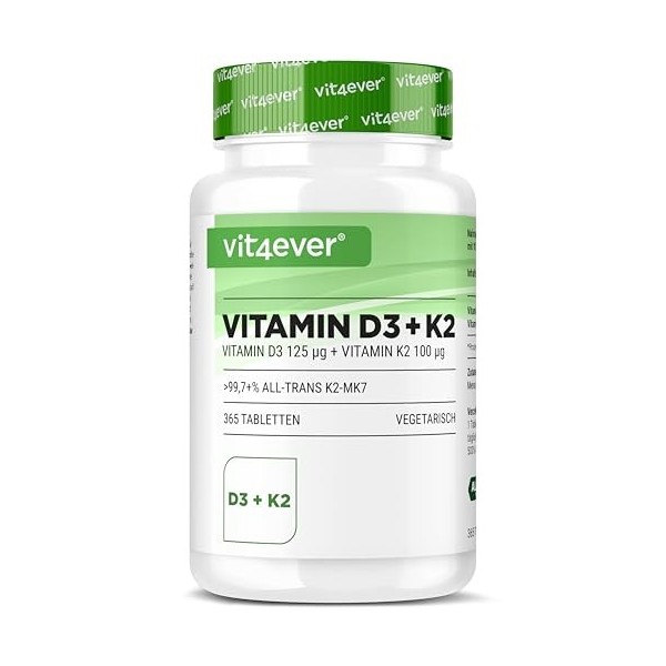 Vitamine D3 + K2 Depot - 365 comprimés - Matière première de première qualité : 99,7+% All-Trans K2VITAL® de Kappa - Avec 5