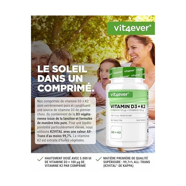 Vitamine D3 + K2 Depot - 365 comprimés - Matière première de première qualité : 99,7+% All-Trans K2VITAL® de Kappa - Avec 5