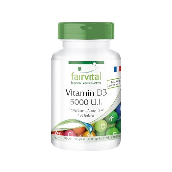 Fairvital | Vitamine D3 Fortement dosé - 5000 U.I - Cholécalciférol - Vitamine D3 en gélules - 180 Pièces