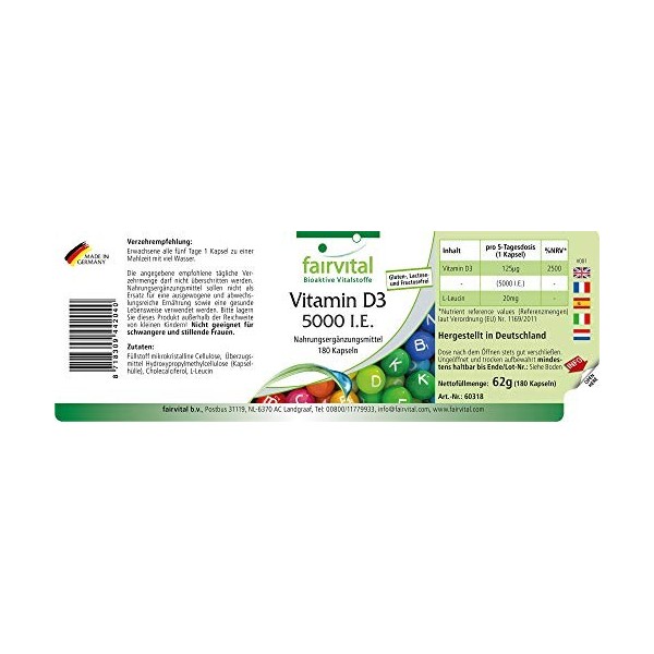 Fairvital | Vitamine D3 Fortement dosé - 5000 U.I - Cholécalciférol - Vitamine D3 en gélules - 180 Pièces