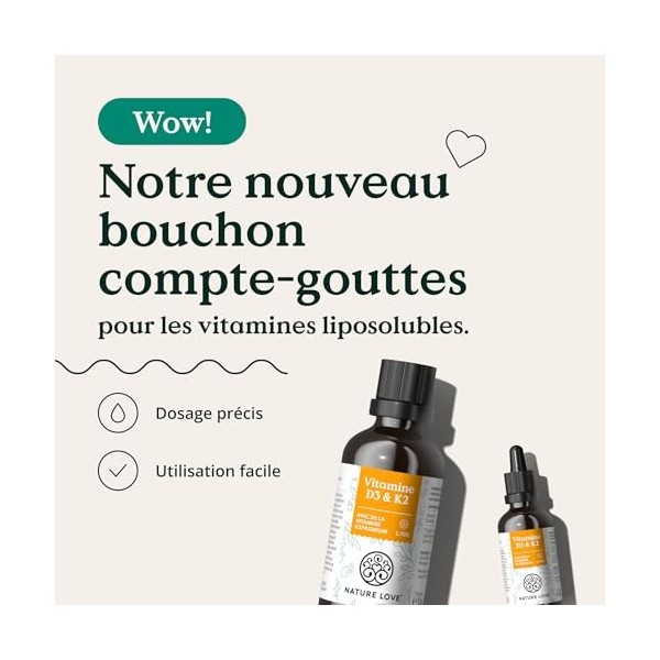 Vitamine D3+K2 50ml - très biodisponible avec K2VITAL® 99,7% all-trans original - vitamine D3 1000 U.I. par goutte, contrôl