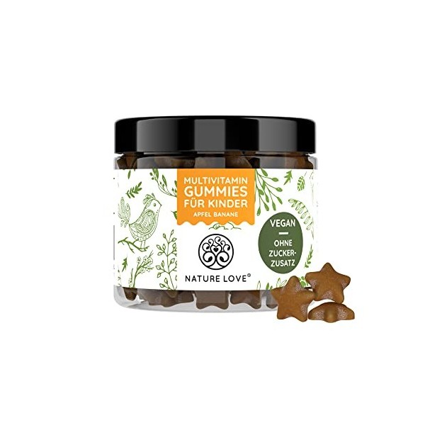 NATURE LOVE® Gommes Multivitaminées Kids – 120 gommes – sans sucre ajouté – vitamines A, B1, B3, B6, B8 biotine , B12, E et