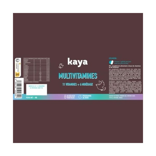 Kaya Cure Multivitamines 2mois - 11 vitamines + 6 minéraux et sans sel - Magnésium, Zinc, Vitamines B12, C, E, K et H - Iod