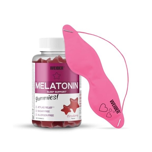 Weider Pack Melatonin 120 Gummies Goût Fraise + Masque Beauté pour les yeux, 1 mg mélatonine/gomme, Aide contre les troubles 