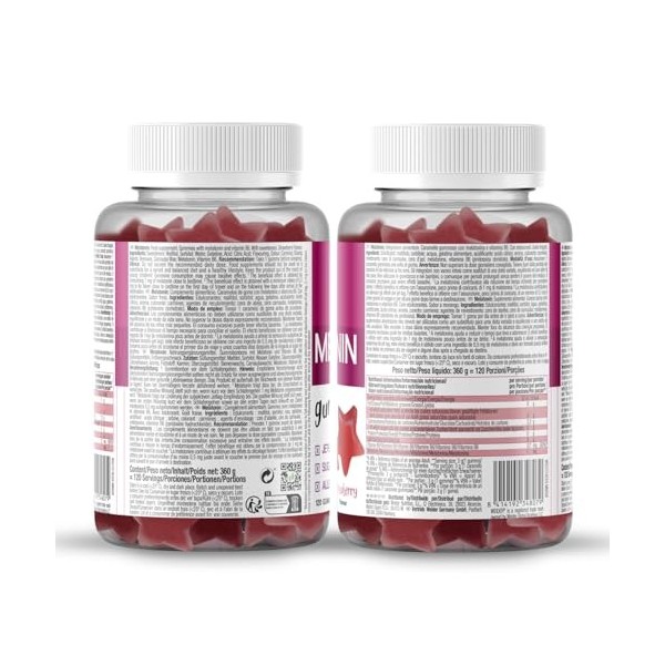 Weider Pack Melatonin 120 Gummies Goût Fraise + Masque Beauté pour les yeux, 1 mg mélatonine/gomme, Aide contre les troubles 