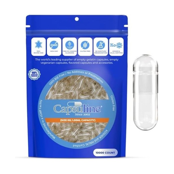 Capsuline Lot de 10 000 capsules de gélatine vides transparentes Taille 00 – Capsules de gélatine vides – Capsules vides – Sa