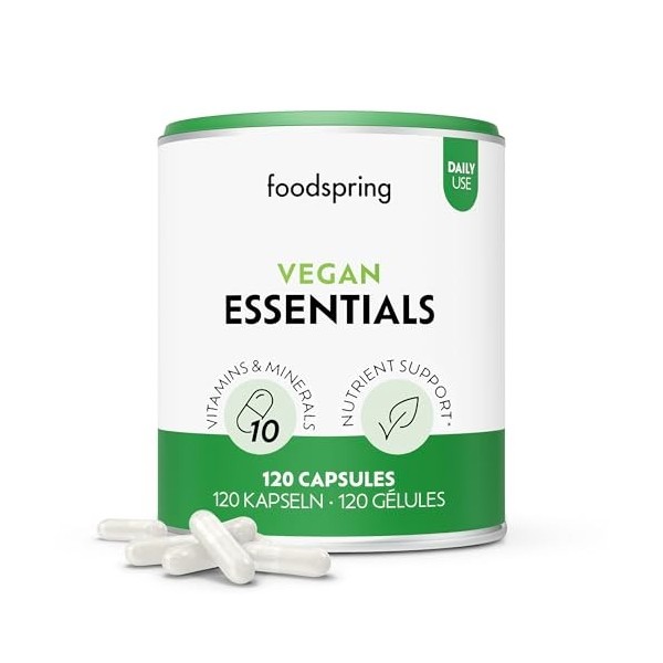 foodspring - Vegan Essentials complexe multivitaminique tout-en-un en 120 gélules hautement dosées & sans gélatine - Préparat