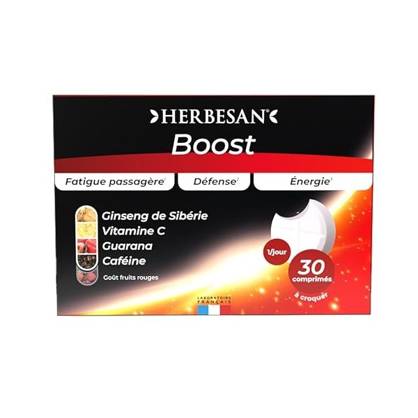 HERBESAN®- COMPLEXE BOOST - 3 ACTIFS dont caféine - Effet coup de fouet - Goût Fruit rouges - Fabrication française - 30 comp