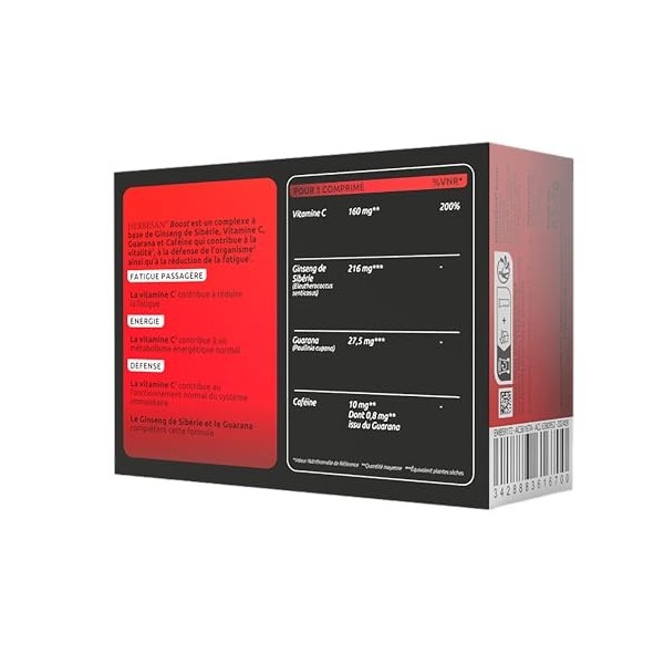 HERBESAN®- COMPLEXE BOOST - 3 ACTIFS dont caféine - Effet coup de fouet - Goût Fruit rouges - Fabrication française - 30 comp