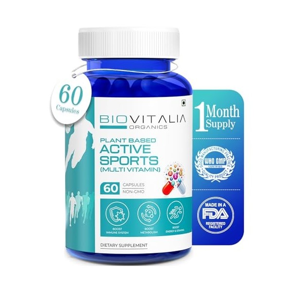 Biovitalia Organics Capsule de complément alimentaire multivitaminé pour sports actifs à base de plantes | Promouvoir limmun