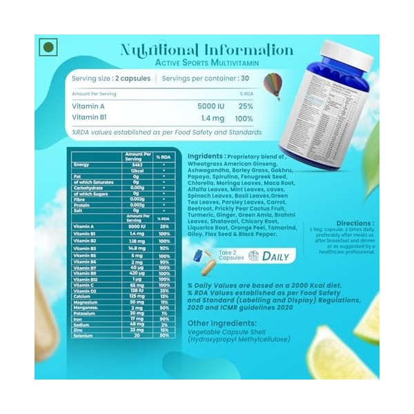 Biovitalia Organics Capsule de complément alimentaire multivitaminé pour sports actifs à base de plantes | Promouvoir limmun