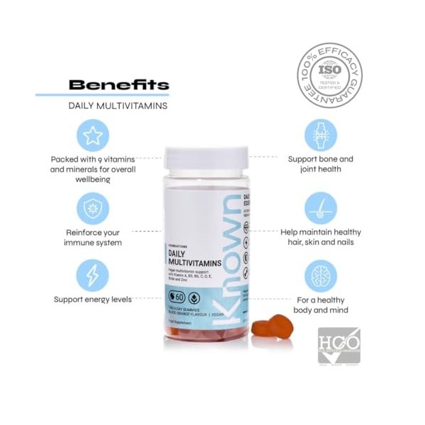 Gummies Quotidiennes Délicieuses Known – Multivitamines – Soutient lImmunité & lÉnergie – Saveur Orange Sanguine – 60 Gummi