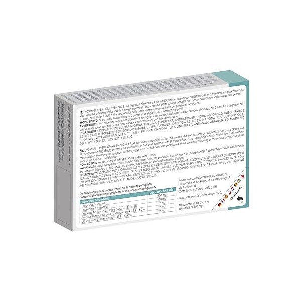 Dulàc - Complément pour Circulation Veineuse et Lymphatique, Jambes Lourdes, Varices et Hémorroïdes Omniven 500 40 Comprimés