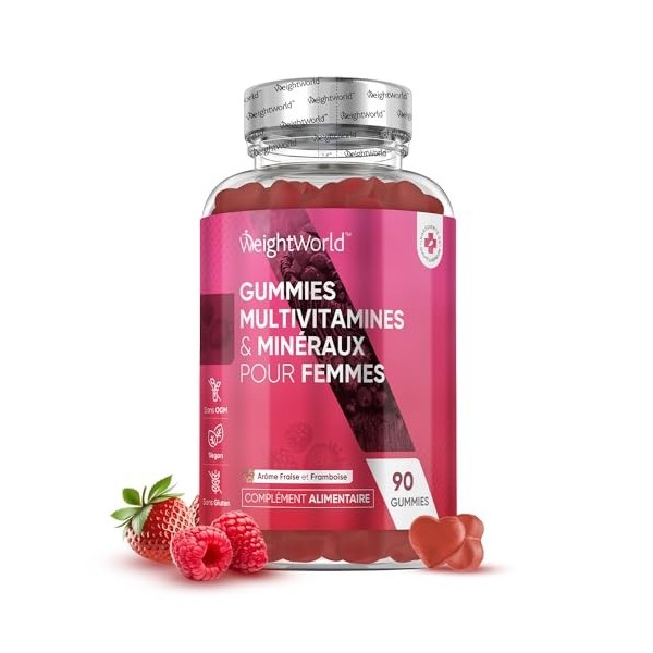 Gummies Multivitamines Femme, Avec 13 Vitamines et Minéraux et Omega 6, 9, 90 Gummies Multivitamines et Minéraux Vegan Goût F