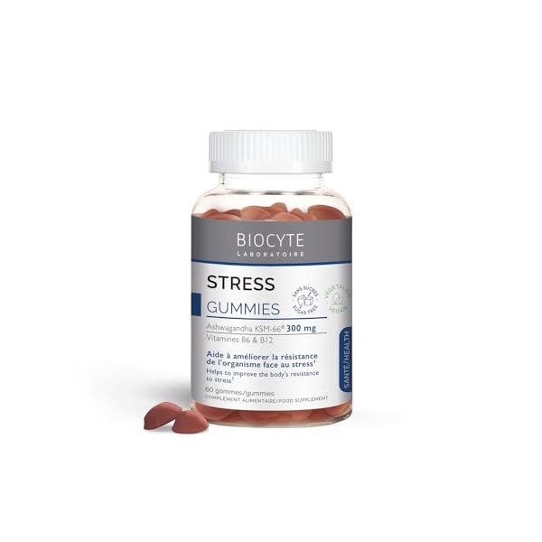 BIOCYTE Gummies Stress - Réduit la Fatigue, Anti-Stess - Vitamine B6, Ashwagandha, Vitamine D, B12, Goût Cerise - 60 gummies 