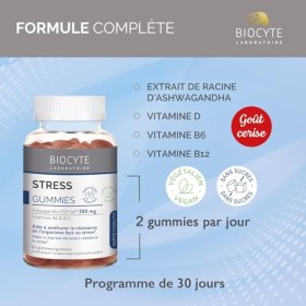 BIOCYTE Gummies Stress - Réduit la Fatigue, Anti-Stess - Vitamine B6, Ashwagandha, Vitamine D, B12, Goût Cerise - 60 gummies 