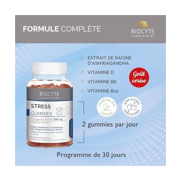 BIOCYTE Gummies Stress - Réduit la Fatigue, Anti-Stess - Vitamine B6, Ashwagandha, Vitamine D, B12, Goût Cerise - 60 gummies 
