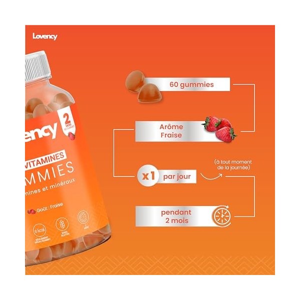 Lovency - Multivitamines - Vitalité & Immunité - 60 gummies, 2 mois - Santé des os, Beauté des cheveux et ongles, Améliore le
