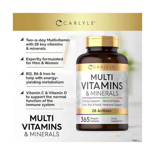 Multivitamines et Minéraux | 28 Vitamines et Minéraux Essentiels | 365 Comprimés Vegan | Multivitamines Hommes et Femme | Par