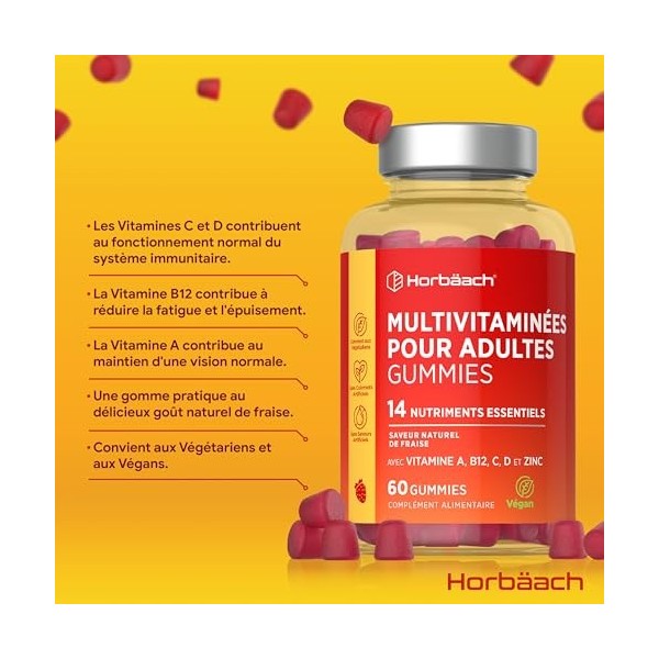 Multivitamines Gummies Adulte | 14 Vitamines Minéraux Essentiels - Vitamine A, Vitamine B12, Vitamine C, Vitamine D et Zinc |