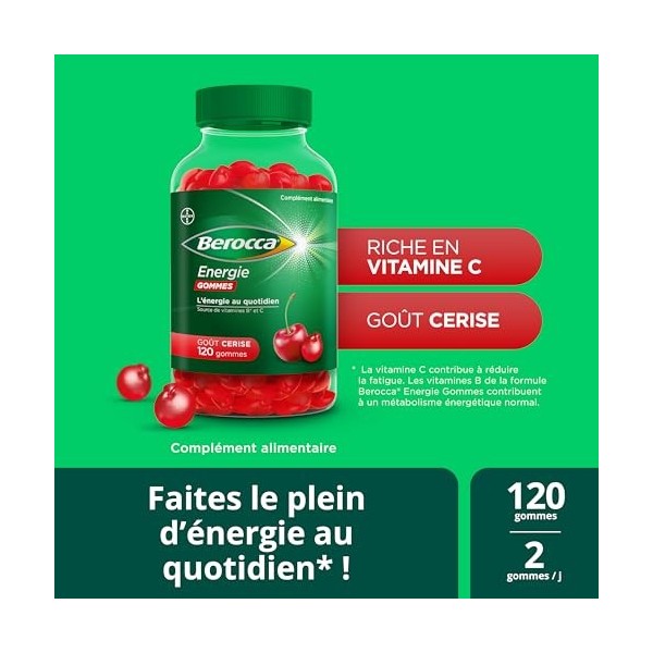 Berocca® Energie gommes - Multivitamines Complément alimentaire - Source de vitamines B* et vitamine C - Réduction de la fati