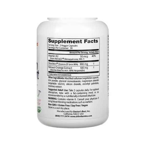 Doctors Best Soutien Veineux avec DiosVein et MenaQ7-60 Gélules Végétales - Santé Vasculaire et Circulatoire Optimal